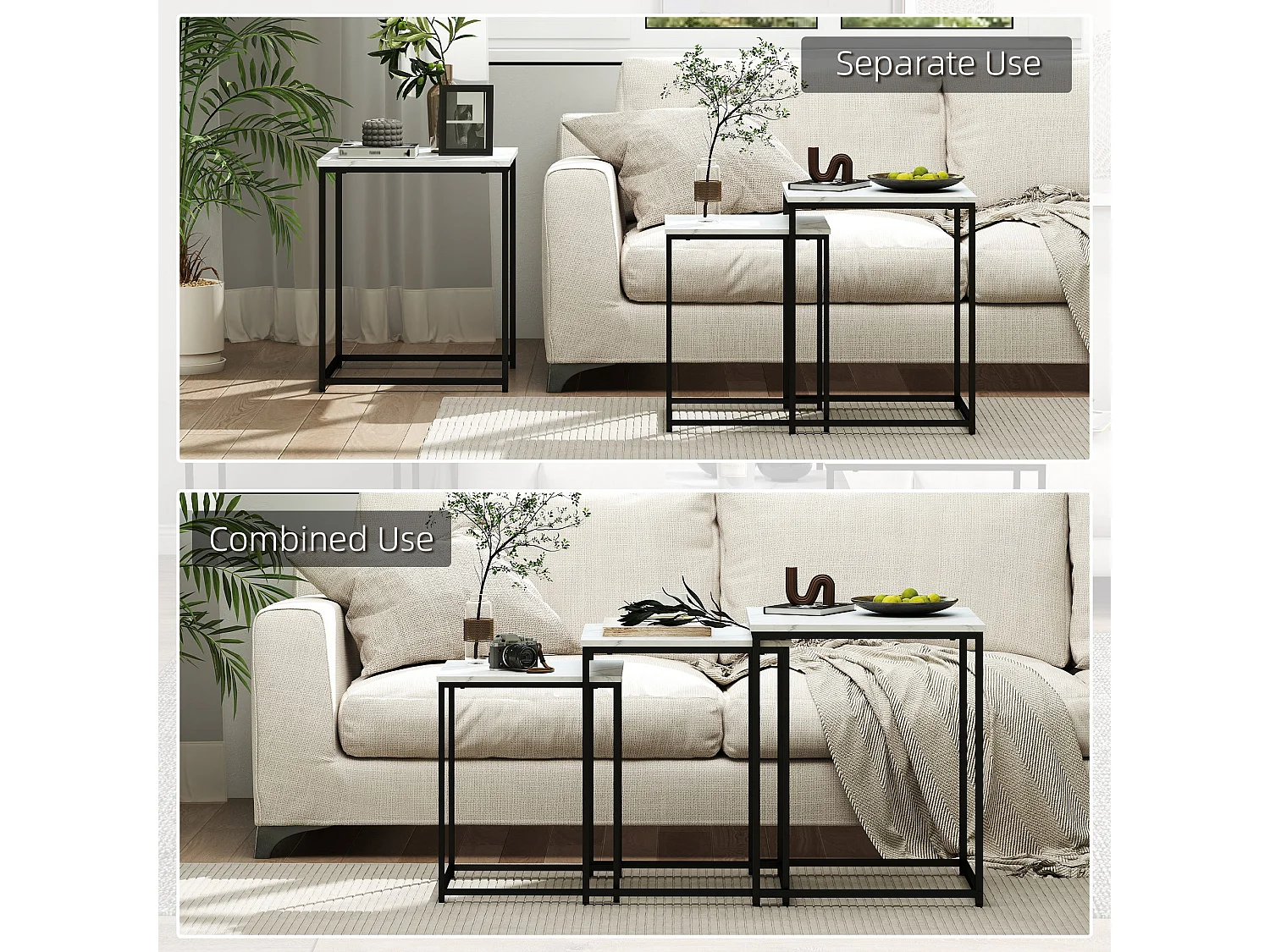 Rekaco Marble Effect Nesting Tables Set of 3 Square Particleboard Tops Steel Frames