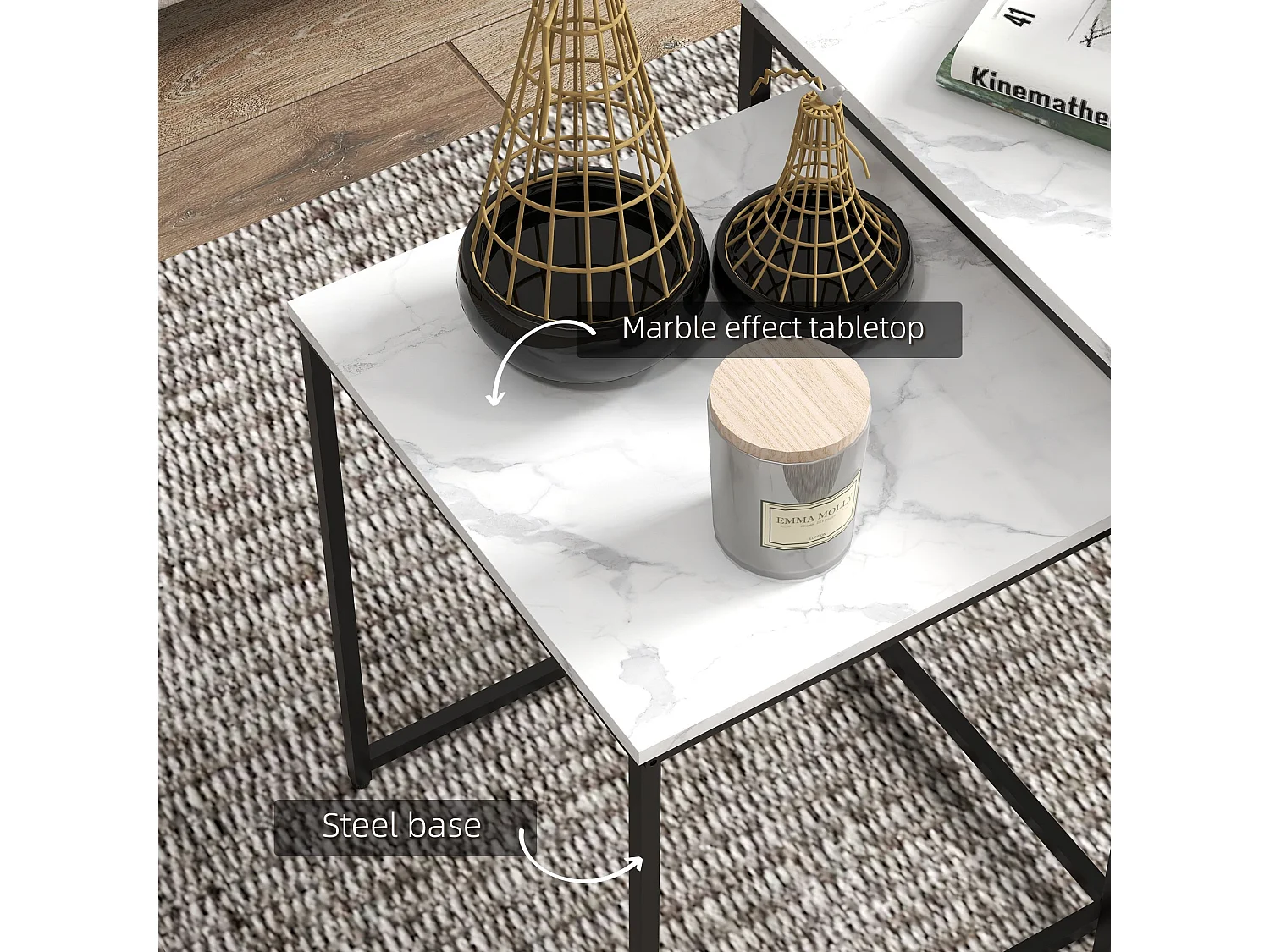 Rekaco Marble Effect Nesting Tables Set of 3 Square Particleboard Tops Steel Frames