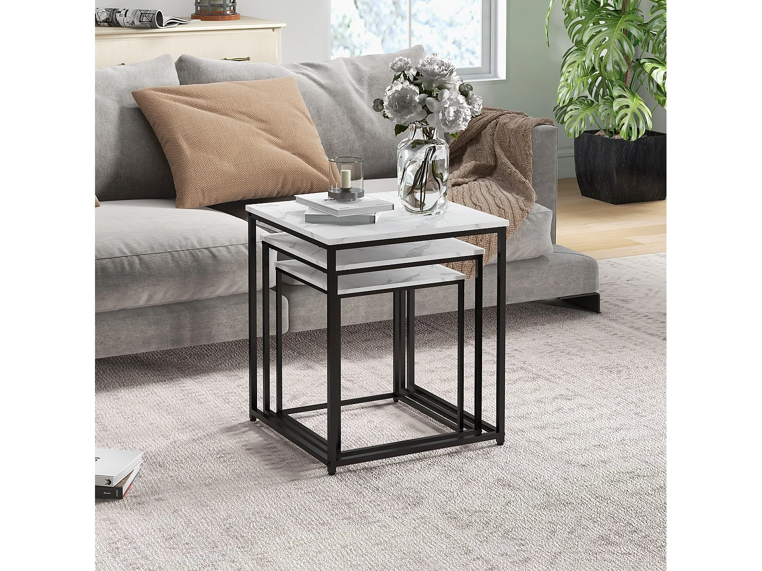 Rekaco Marble Effect Nesting Tables Set of 3 Square Particleboard Tops Steel Frames