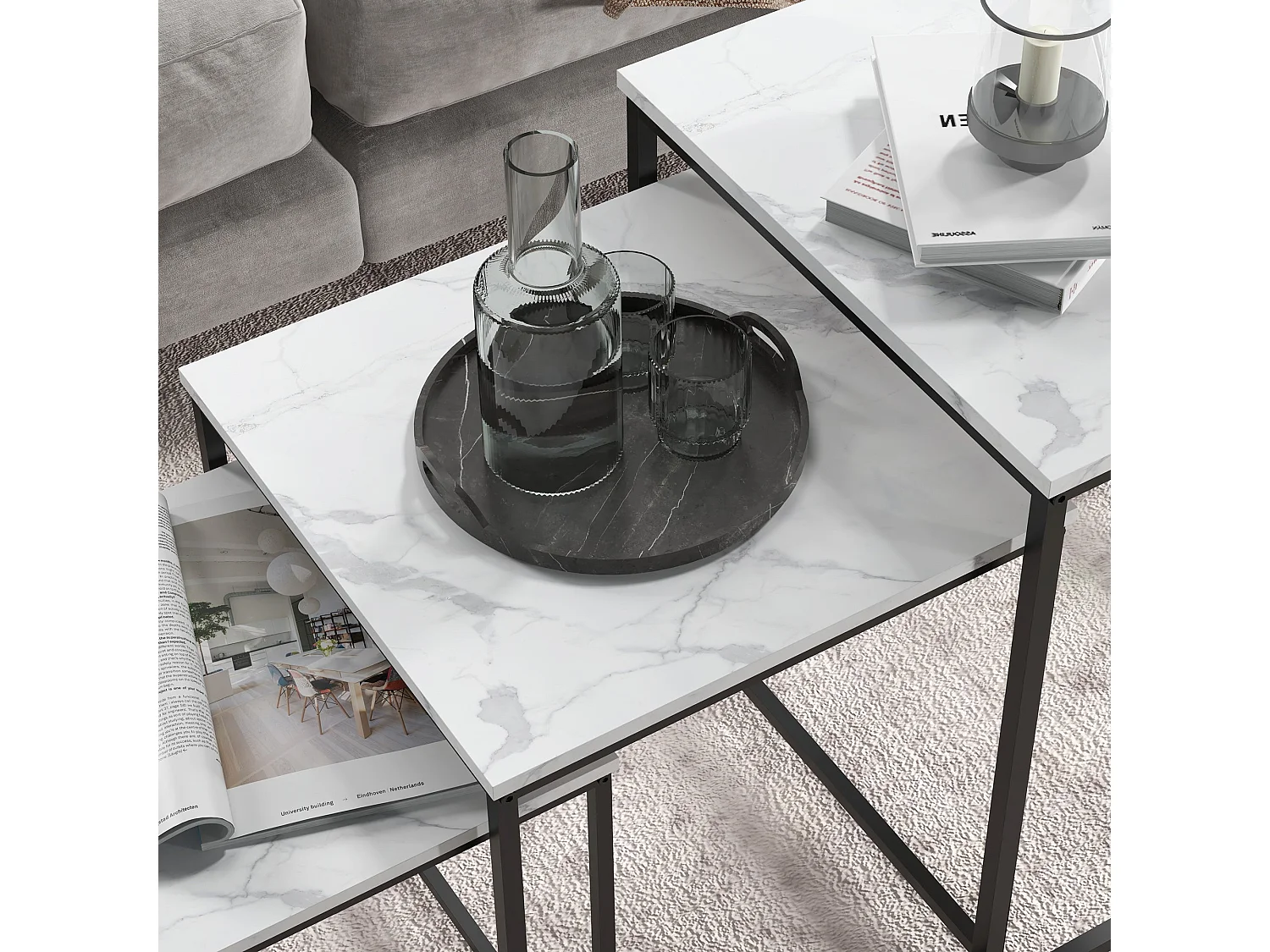 Rekaco Marble Effect Nesting Tables Set of 3 Square Particleboard Tops Steel Frames