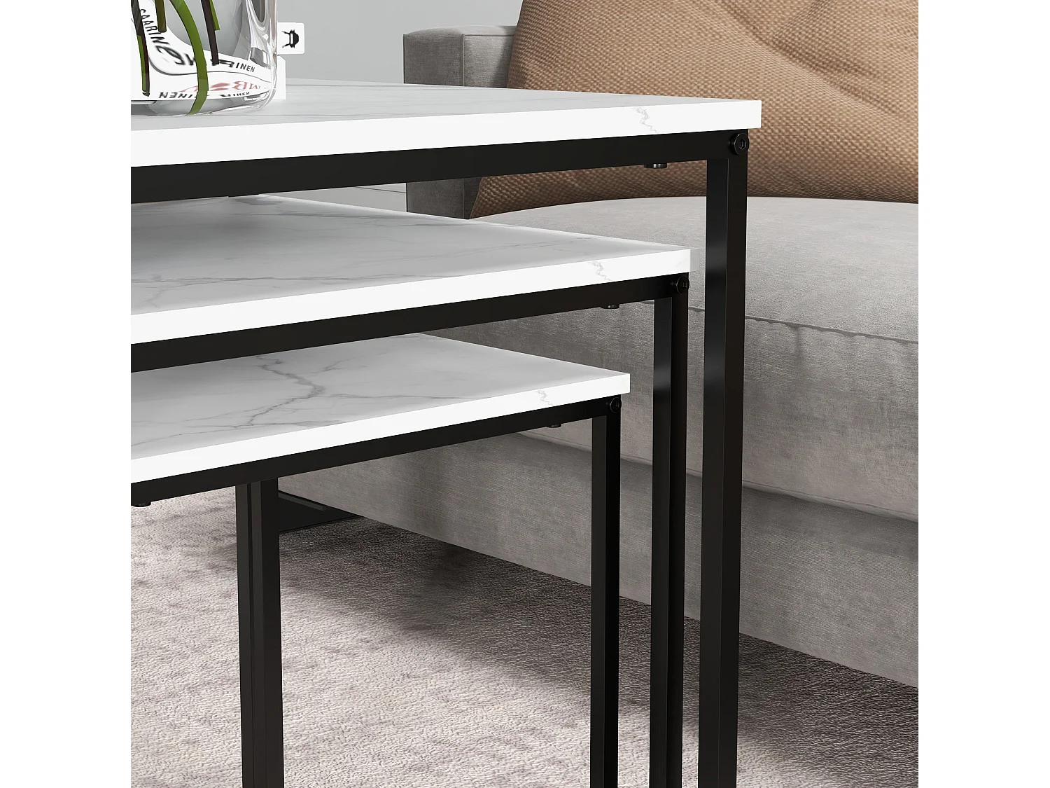 Rekaco Marble Effect Nesting Tables Set of 3 Square Particleboard Tops Steel Frames