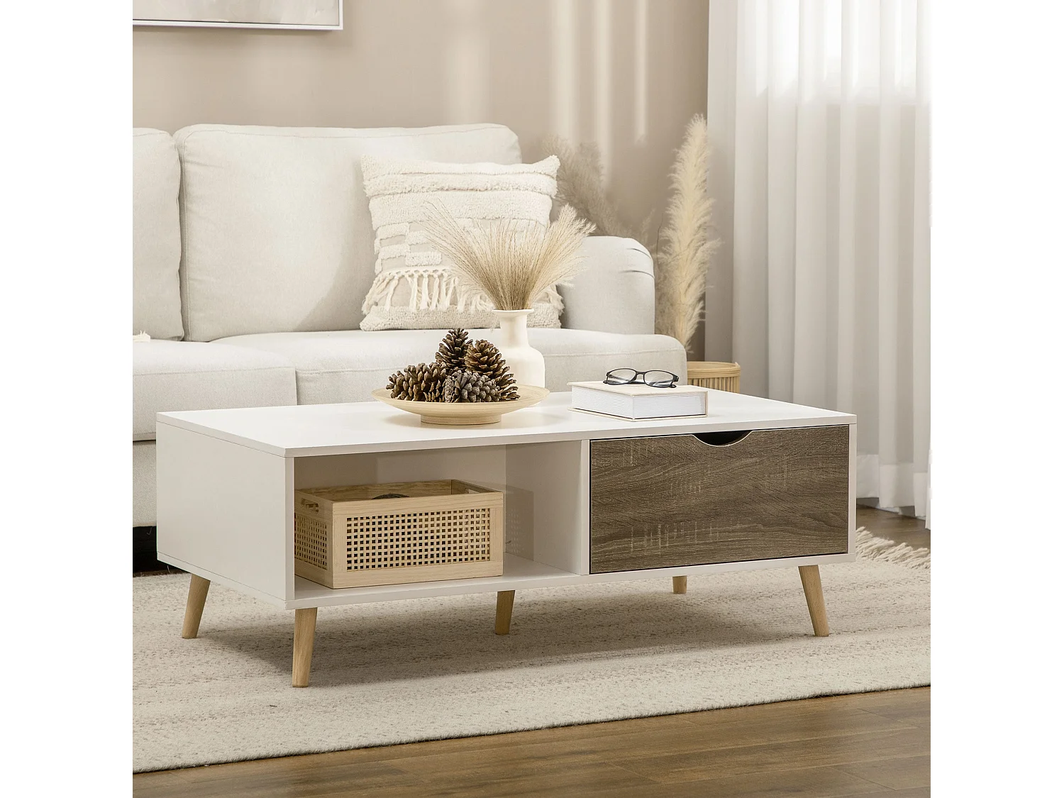 Nanola Wood Coffee Table White and Grey with 2 Drawers
