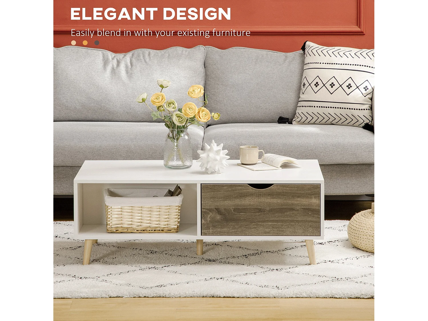 Nanola Wood Coffee Table White and Grey with 2 Drawers