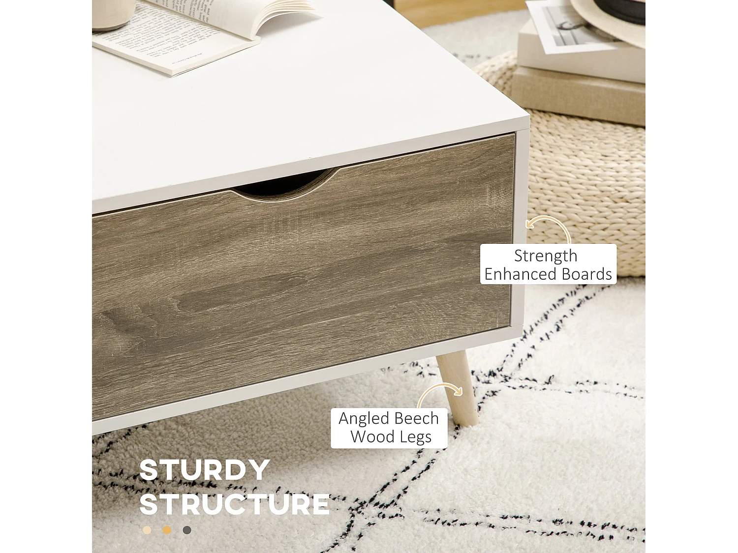 Nanola Wood Coffee Table White and Grey with 2 Drawers