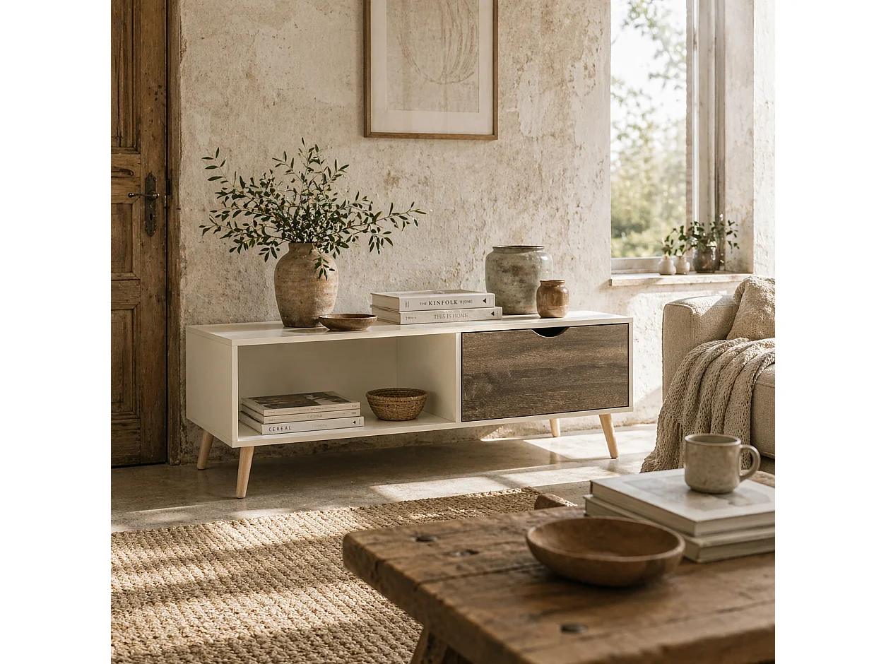 Nanola Wood Coffee Table White and Grey with 2 Drawers