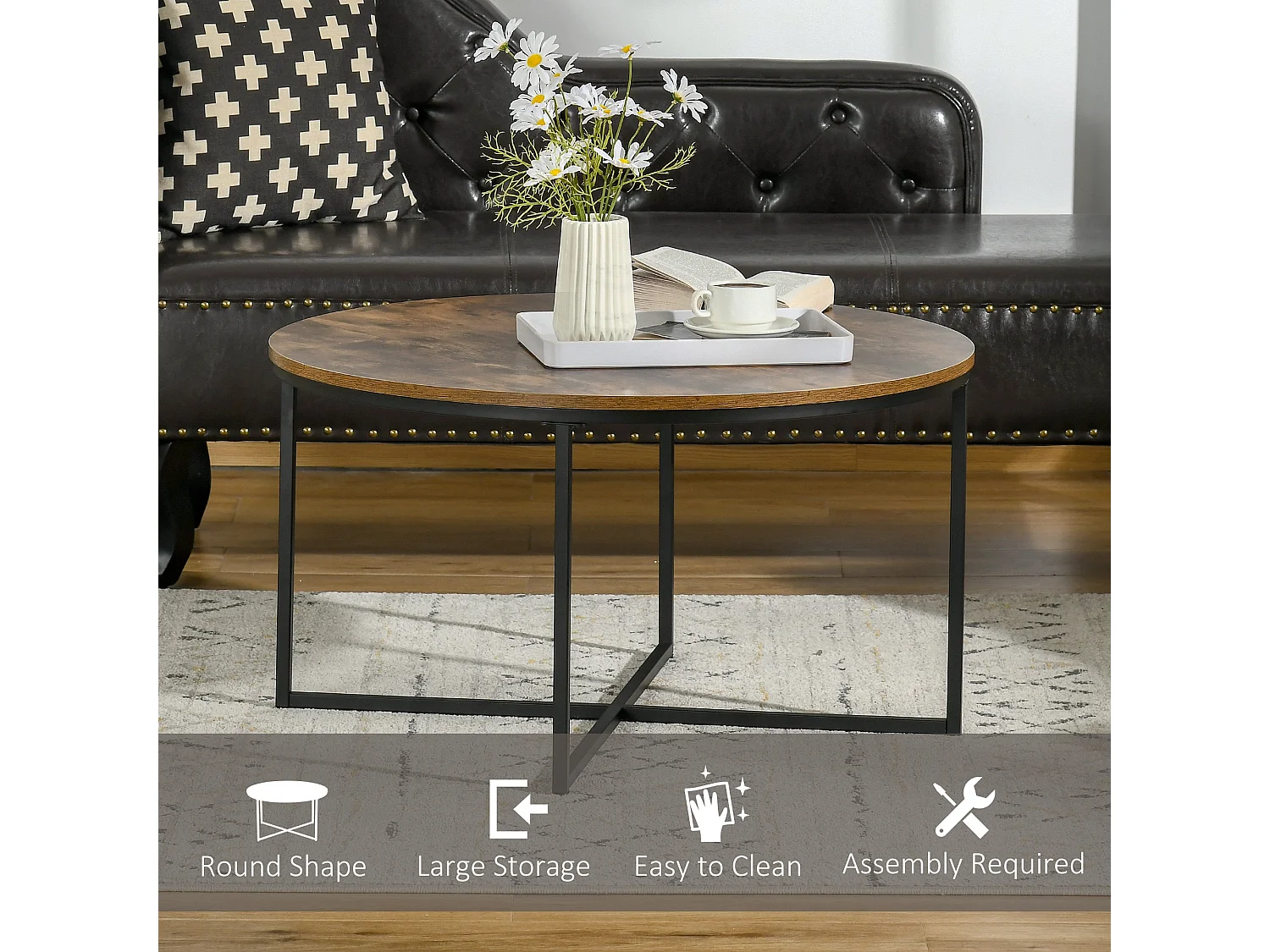 Nata Rustic Brown Round Industrial Coffee Table 80cm