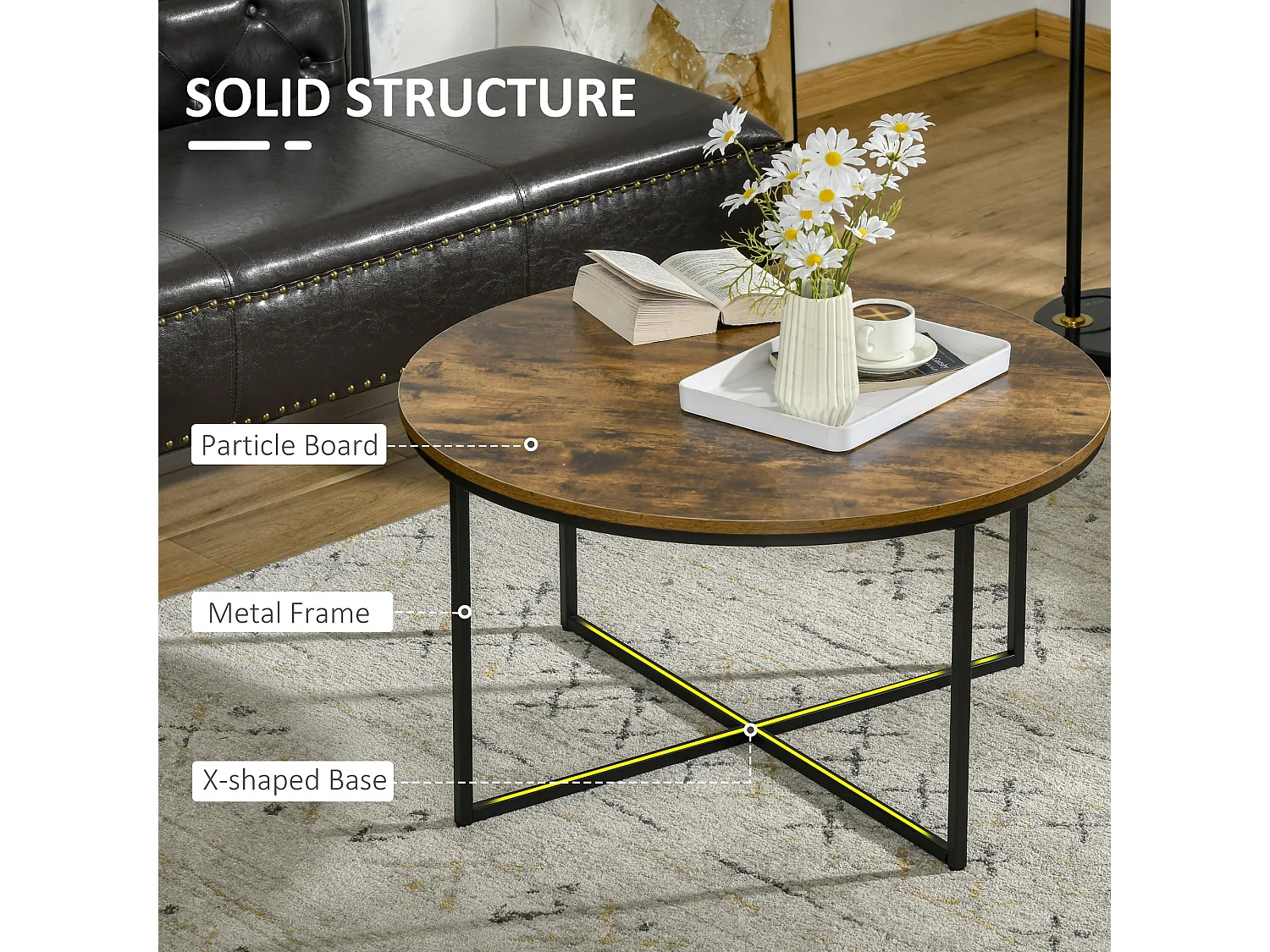 Nata Rustic Brown Round Industrial Coffee Table 80cm