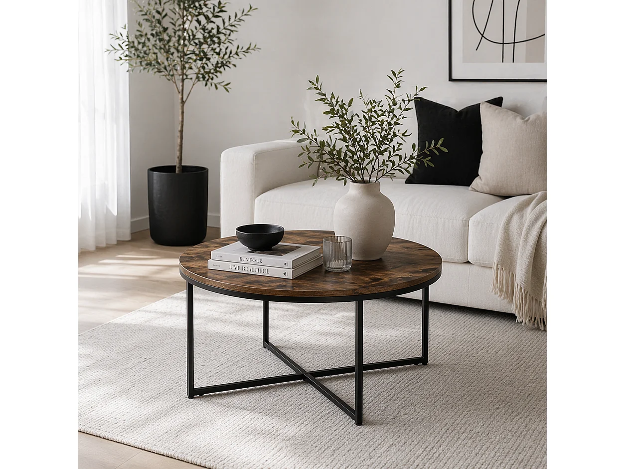 Nata Rustic Brown Round Industrial Coffee Table 80cm