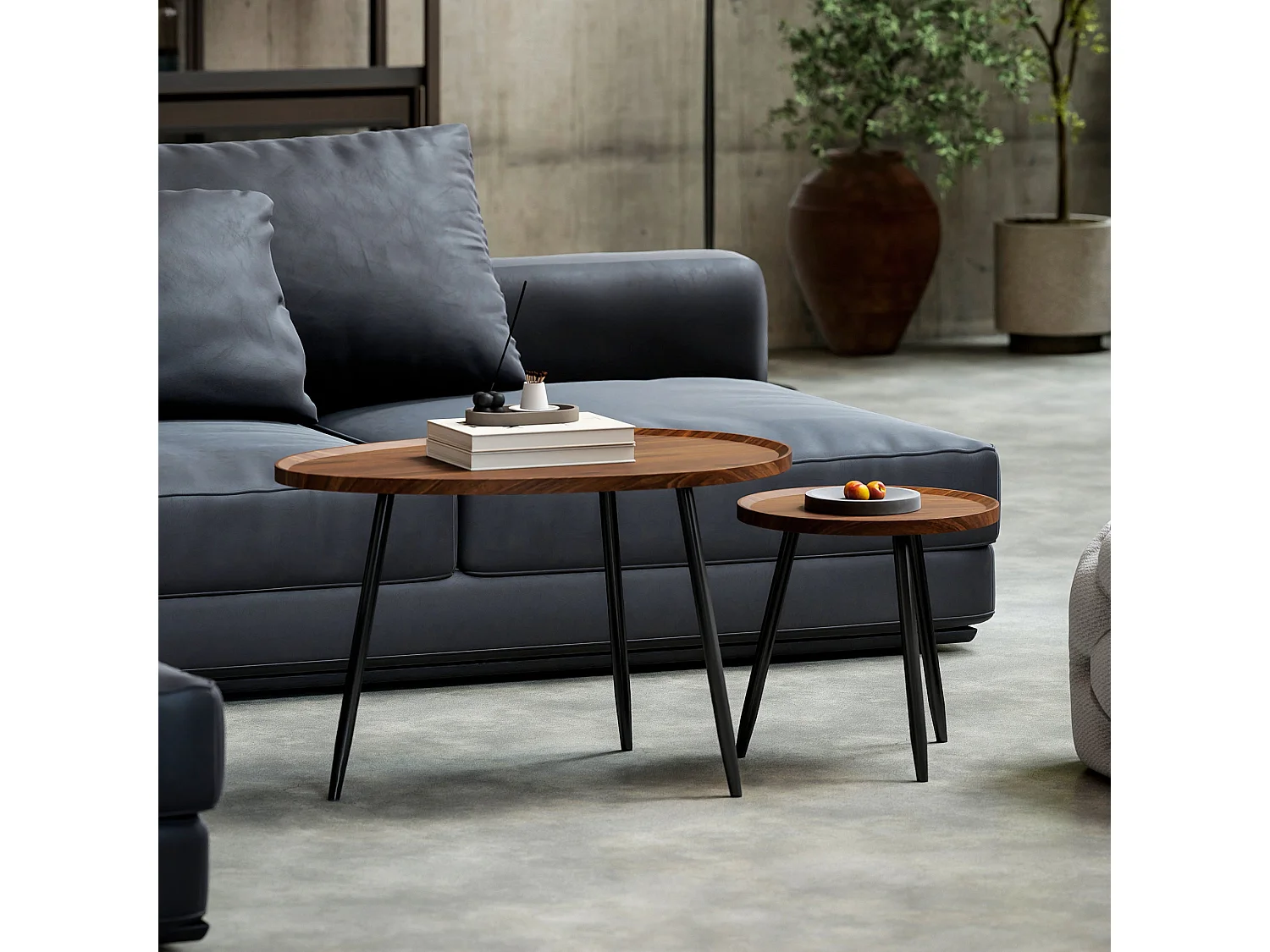 Suta Noni Chestnut Wood Effect and Matte Black Metal Set of 2 Nesting Coffee Tables 80cm