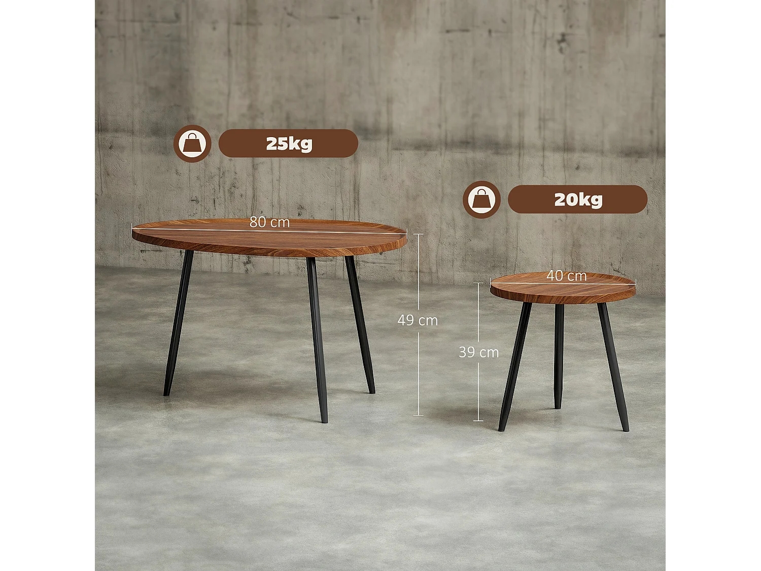 Suta Noni Chestnut Wood Effect and Matte Black Metal Set of 2 Nesting Coffee Tables 80cm