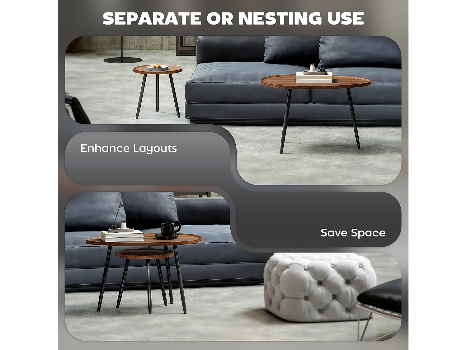 Suta Noni Chestnut Wood Effect and Matte Black Metal Set of 2 Nesting Coffee Tables 80cm