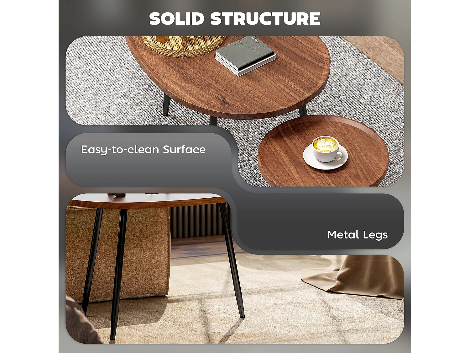 Suta Noni Chestnut Wood Effect and Matte Black Metal Set of 2 Nesting Coffee Tables 80cm