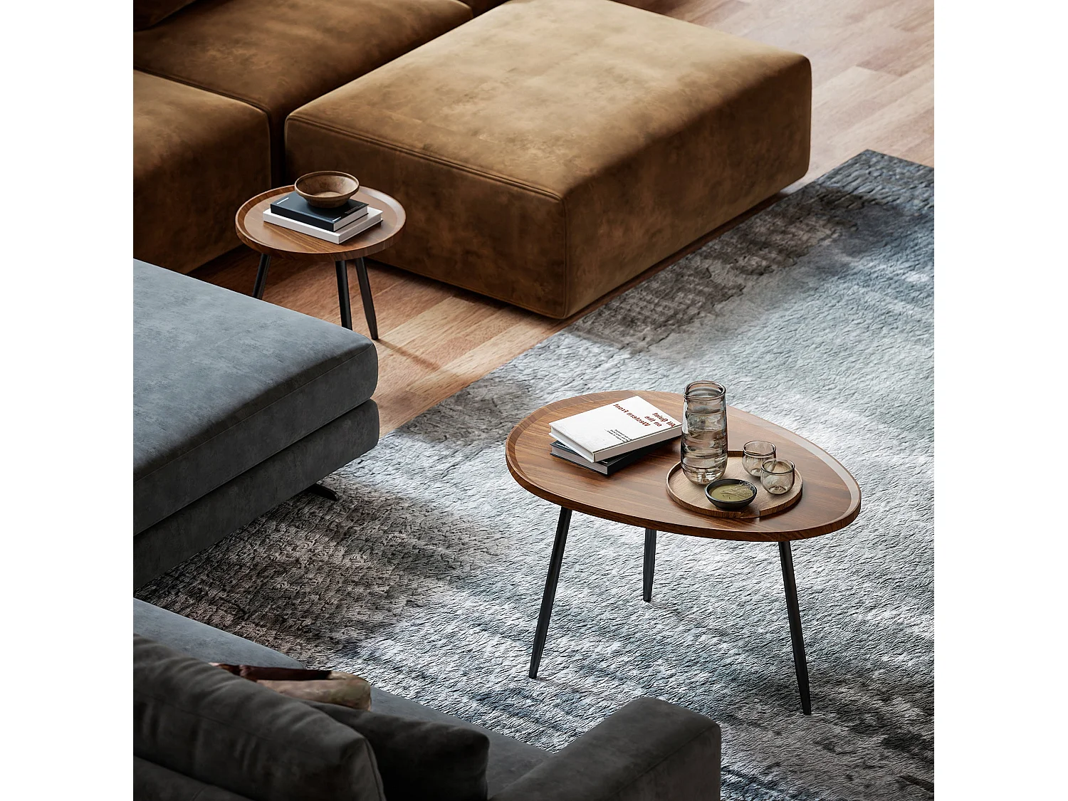 Suta Noni Chestnut Wood Effect and Matte Black Metal Set of 2 Nesting Coffee Tables 80cm