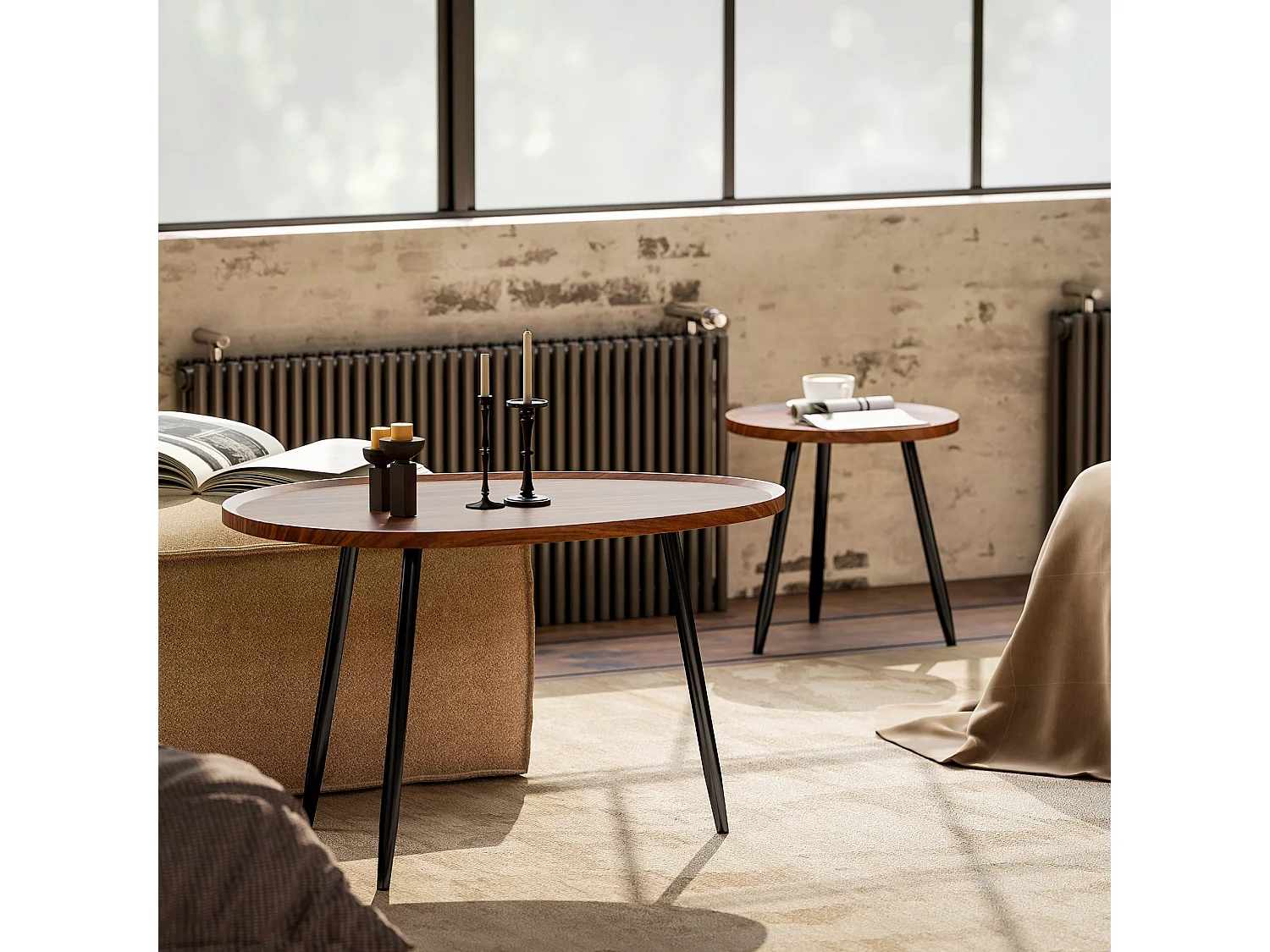 Suta Noni Chestnut Wood Effect and Matte Black Metal Set of 2 Nesting Coffee Tables 80cm
