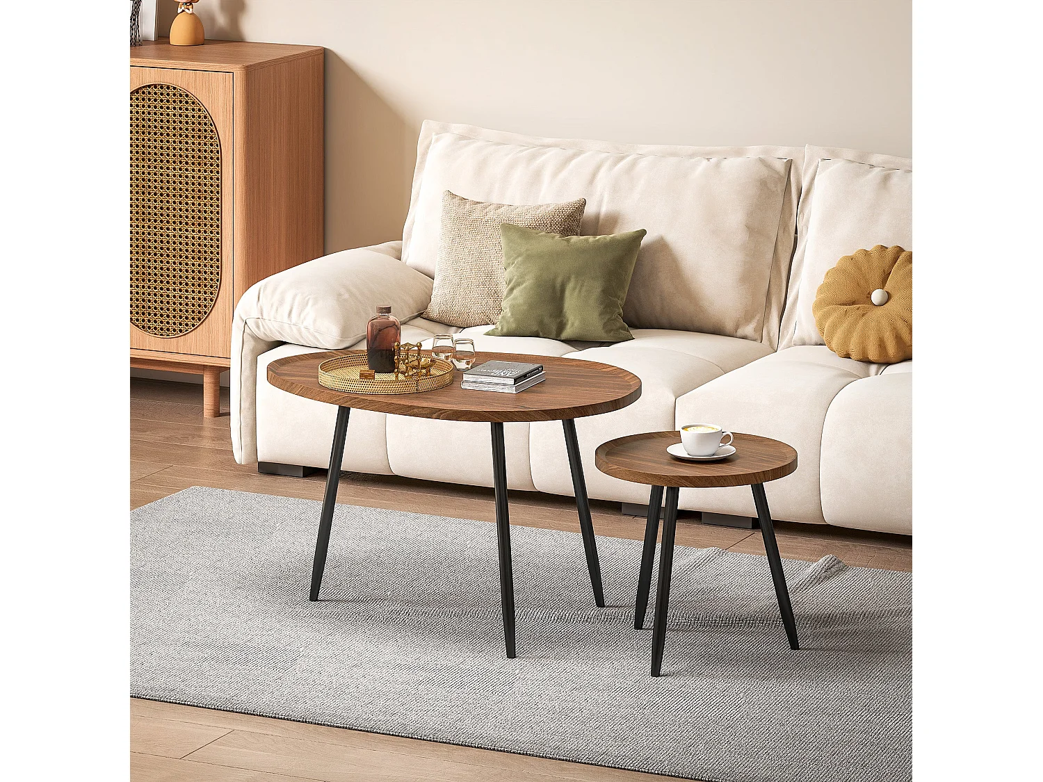 Suta Noni Chestnut Wood Effect and Matte Black Metal Set of 2 Nesting Coffee Tables 80cm