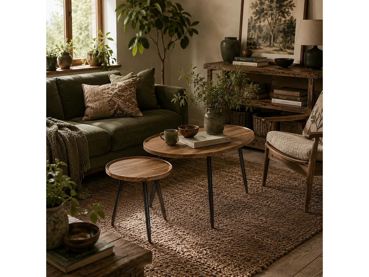 Suta Noni Chestnut Wood Effect and Matte Black Metal Set of 2 Nesting Coffee Tables 80cm