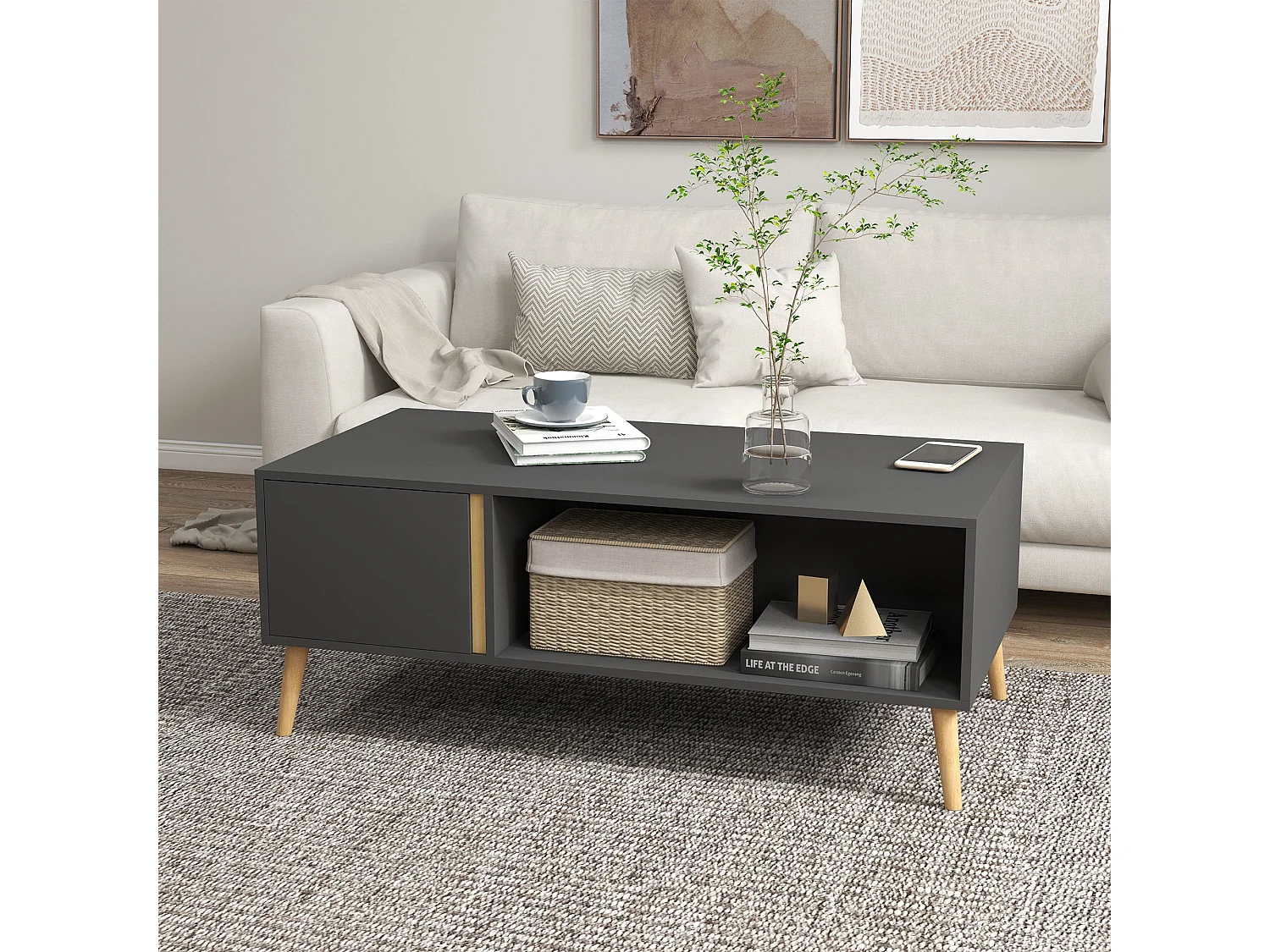 Panedi Grey Rectangular Coffee Table with Storage and Cabinets