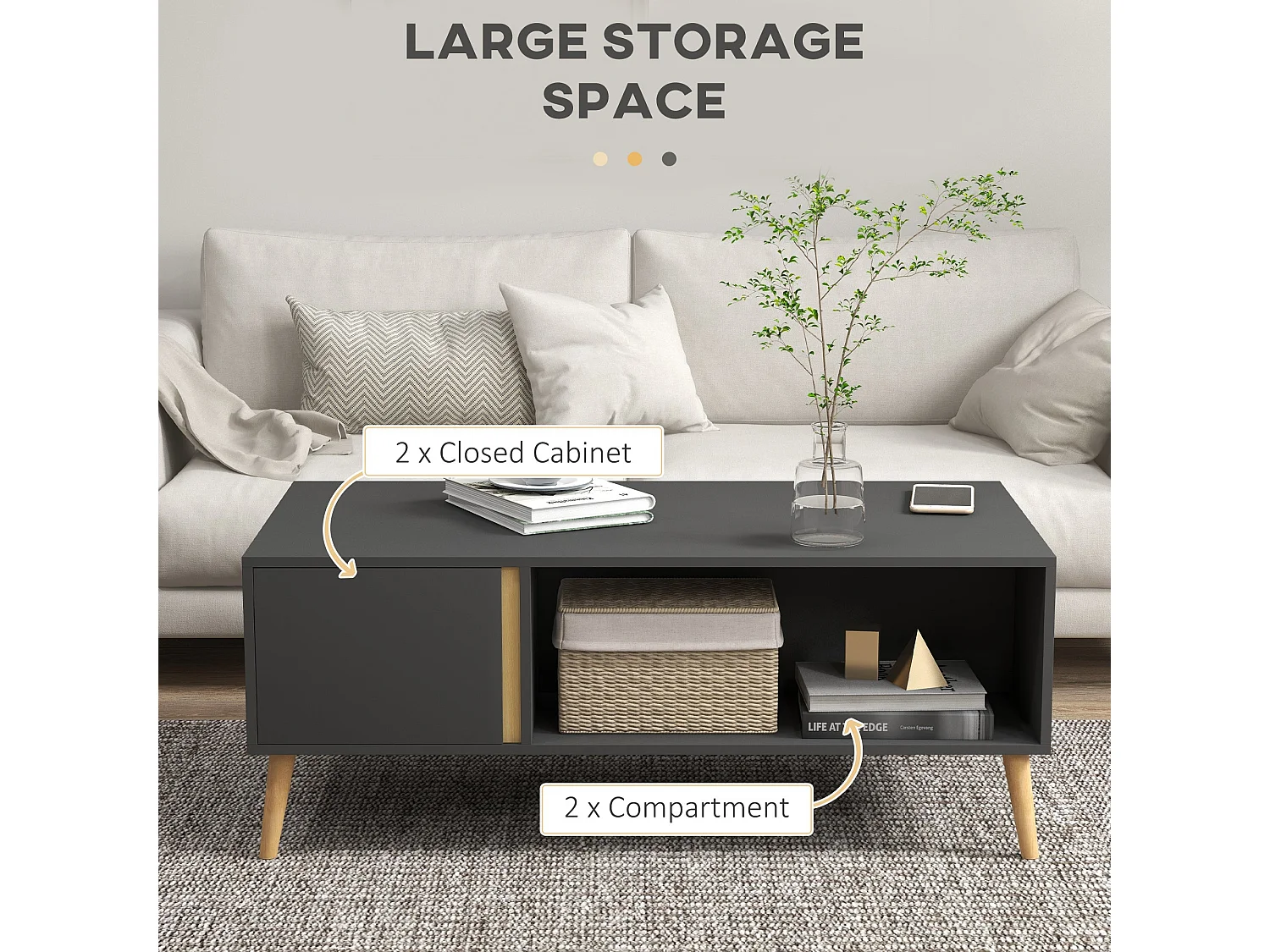 Panedi Grey Rectangular Coffee Table with Storage and Cabinets