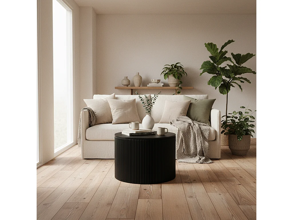 Trecool Black Oak Veneer Reeded Round Coffee Table 65cm
