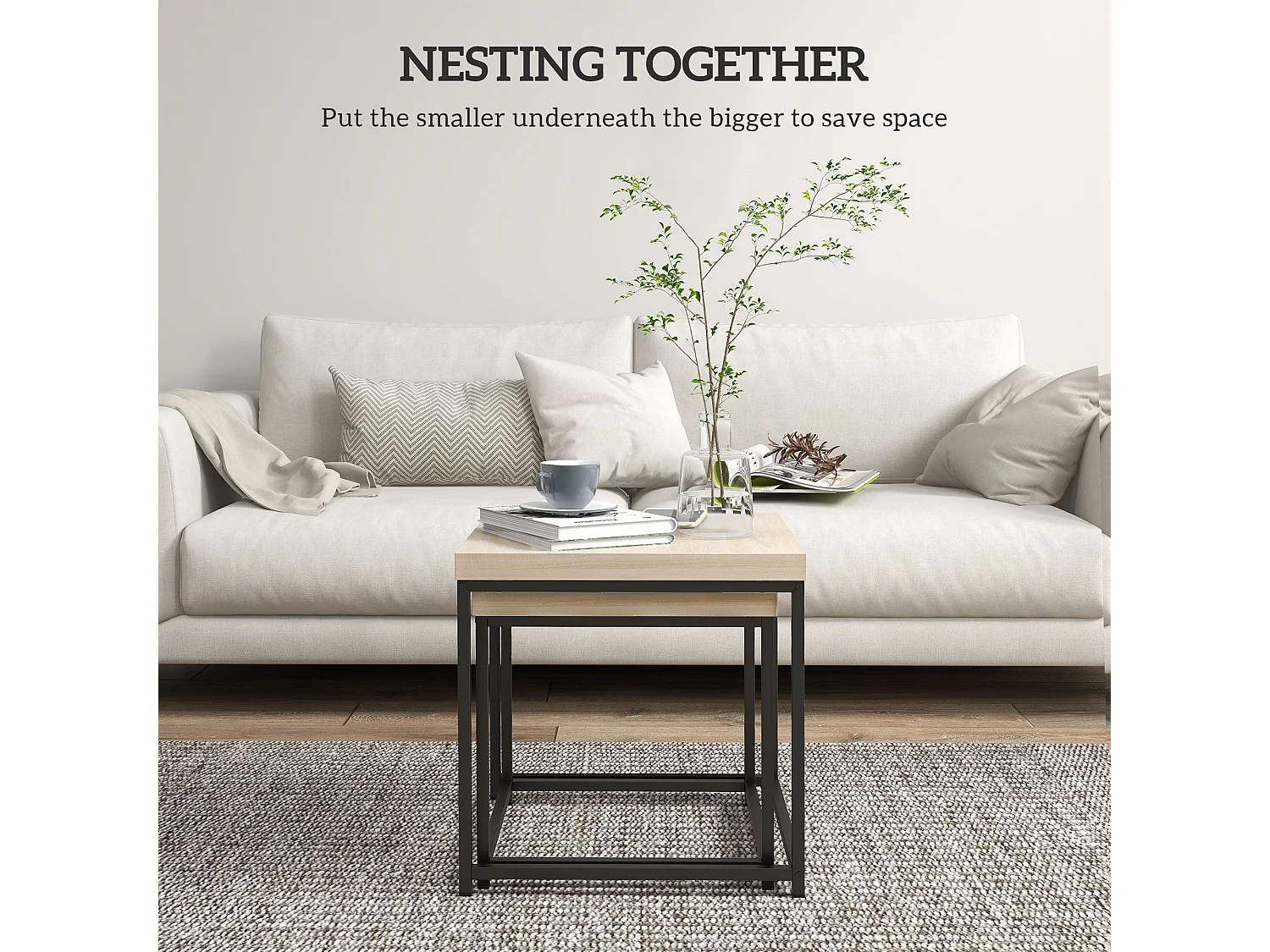 Vattesa Oak Finish Set of 2 Nesting Coffee Tables Square 3.5cm Particleboard