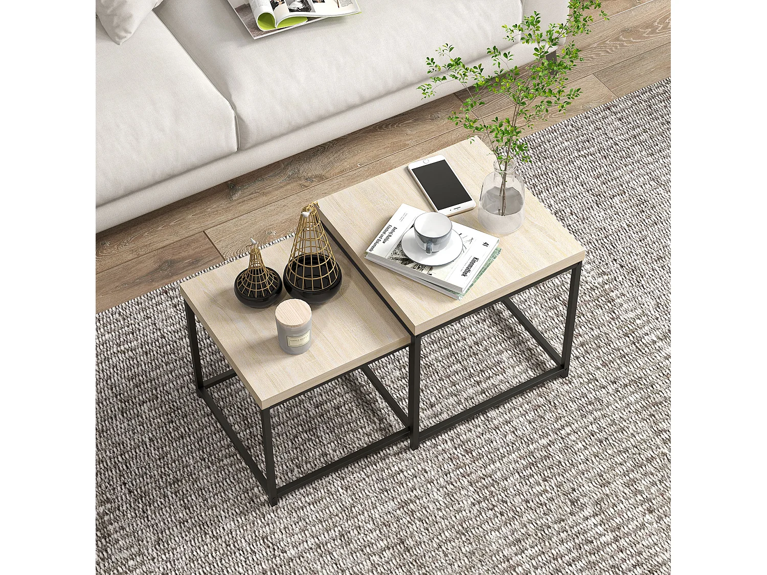 Vattesa Oak Finish Set of 2 Nesting Coffee Tables Square 3.5cm Particleboard