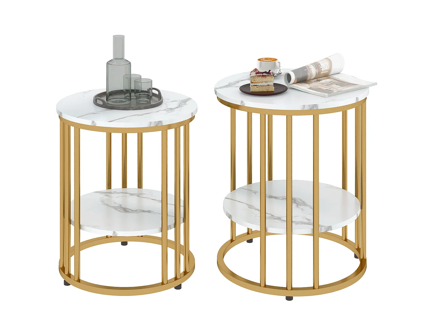 Veco Set of 2 Square Coffee Tables White Marble Effect Tops Gold Tone Stainless Steel Frames