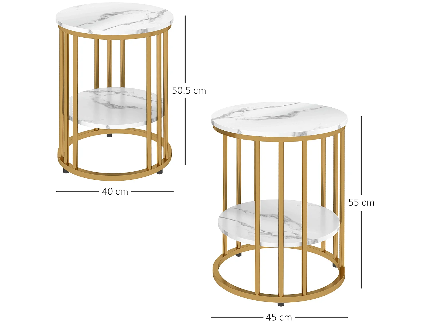 Veco Set of 2 Square Coffee Tables White Marble Effect Tops Gold Tone Stainless Steel Frames