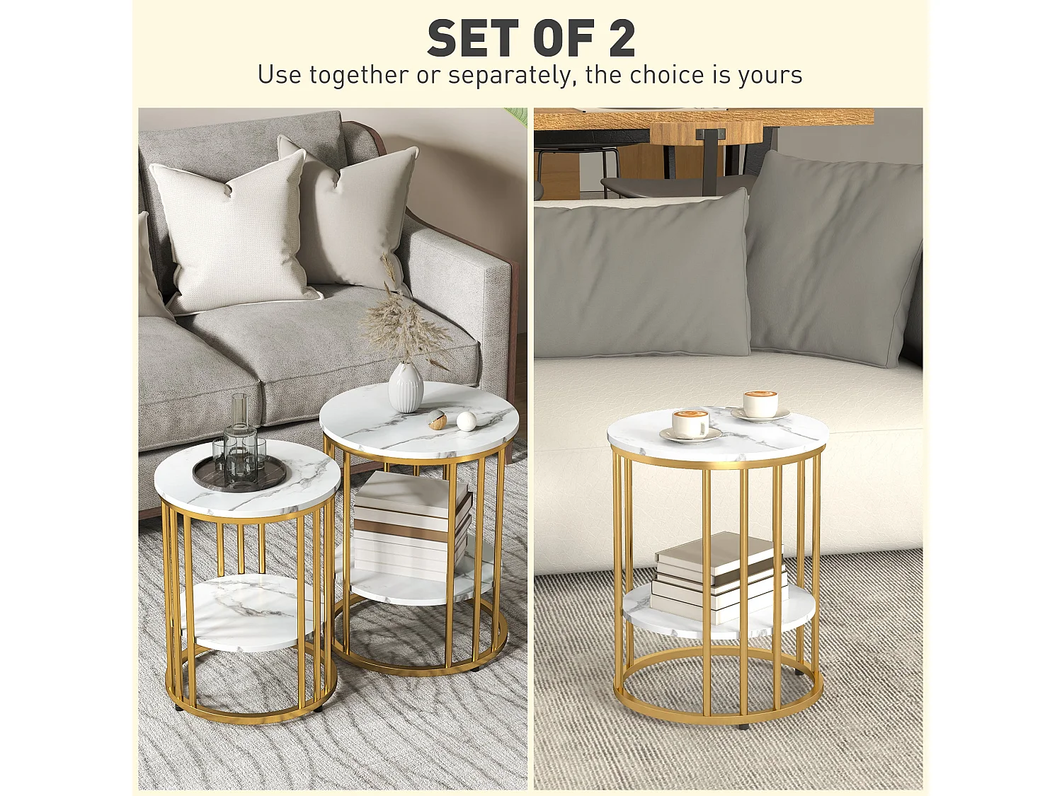 Veco Set of 2 Square Coffee Tables White Marble Effect Tops Gold Tone Stainless Steel Frames