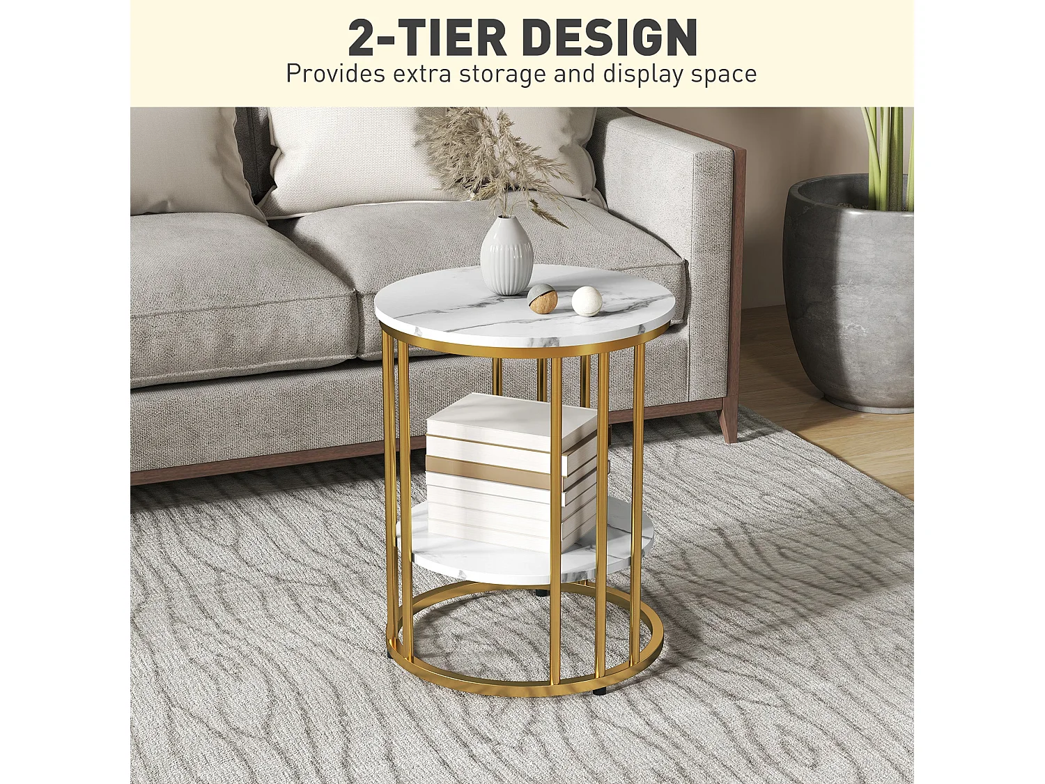 Veco Set of 2 Square Coffee Tables White Marble Effect Tops Gold Tone Stainless Steel Frames