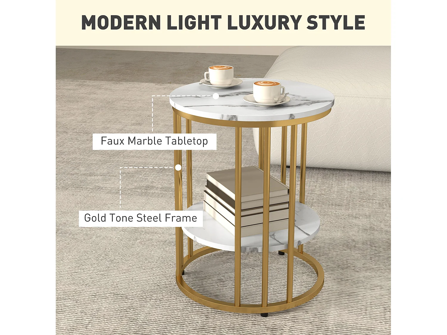Veco Set of 2 Square Coffee Tables White Marble Effect Tops Gold Tone Stainless Steel Frames