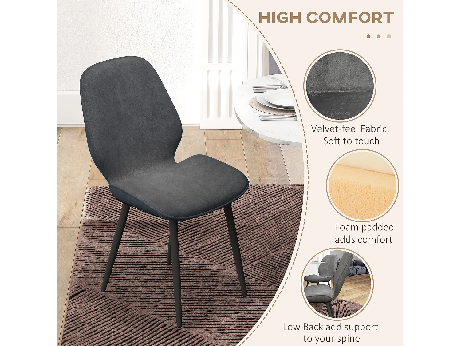 Lelori Grey Velvet Feel Dining Chairs Set of 2 with Metal Legs