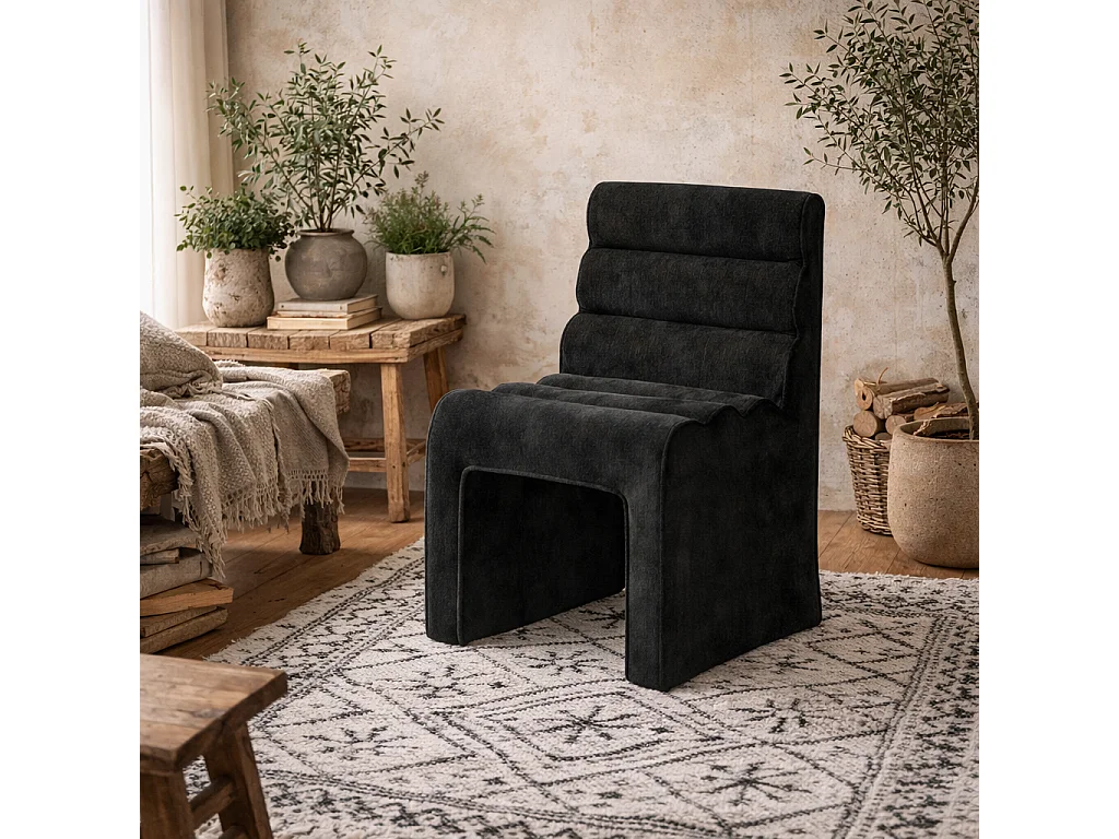 Midleton Retro Ribbed Black Chenille Dining Chair Upholstered Sculptural Design