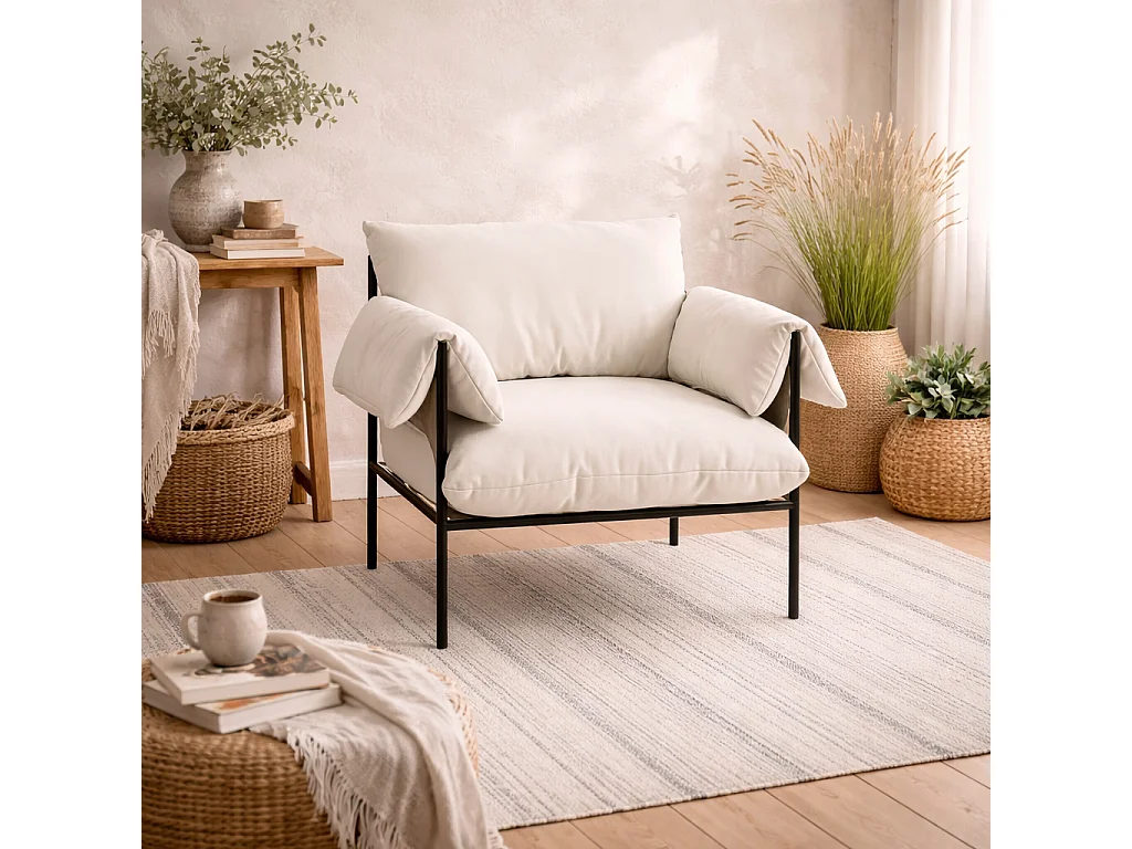 Wardour Minimalist Armchair White Houseweave Fabric Matt Black Metal Legs