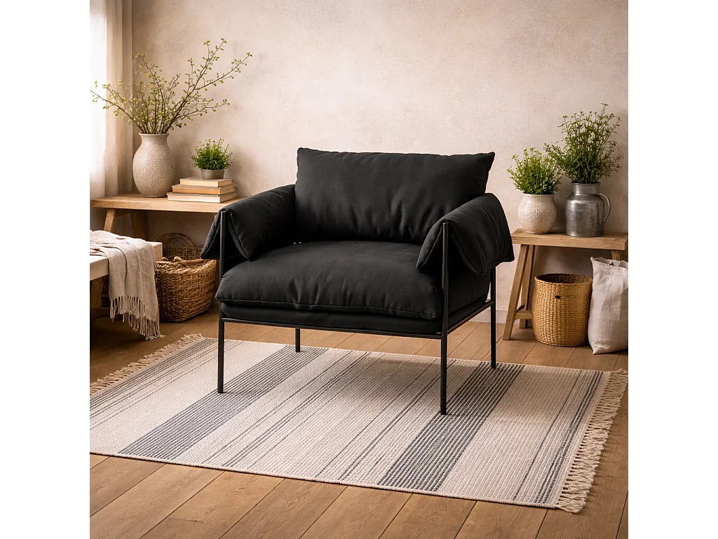 Wardour Minimalist Armchair in Onyx Houseweave with Matt Black Metal Legs