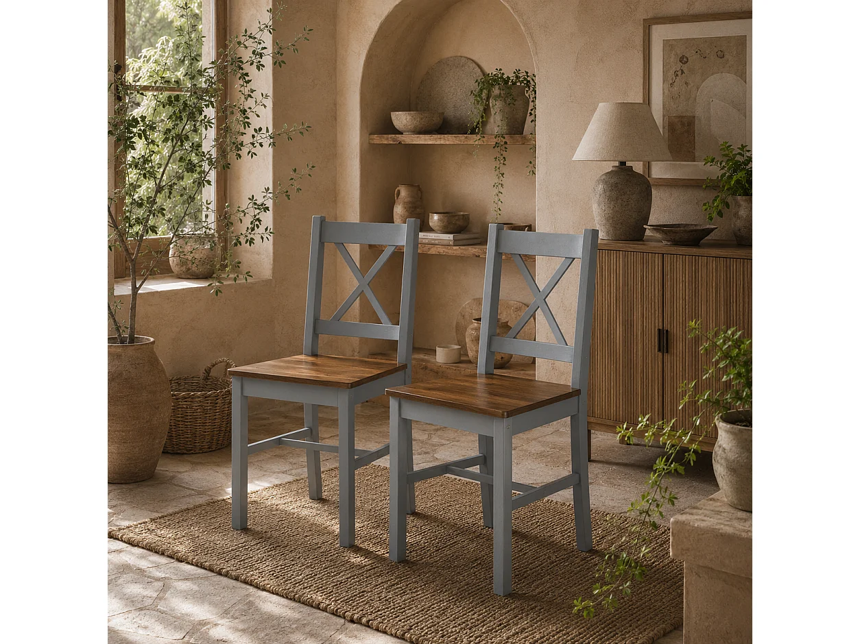 Vinnetti Solid Pine Cross Back Dining Chairs Set of 2 Grey Brown