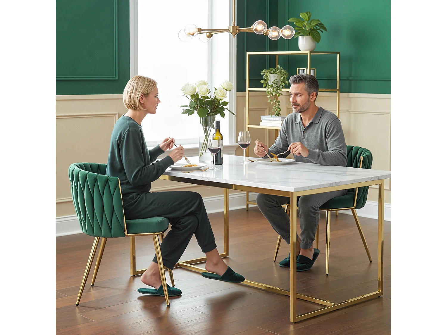 Sosura Set of 2 Dark Green Velvet Feel Dining Chairs with Woven Backrest