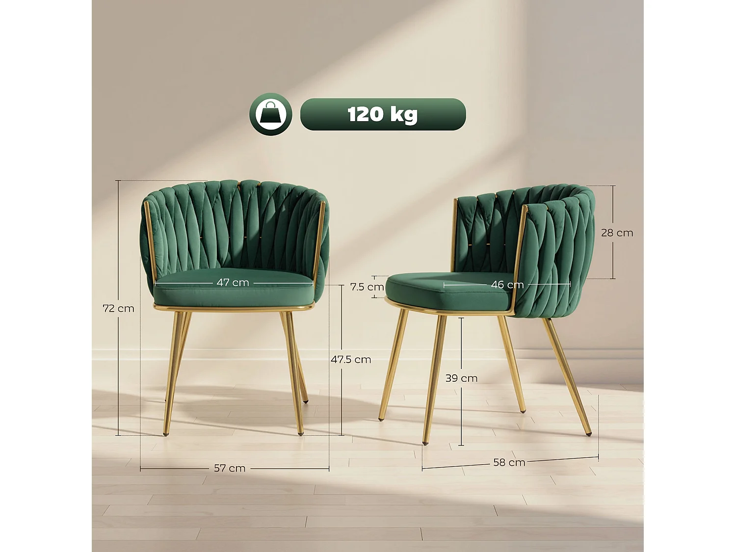 Sosura Set of 2 Dark Green Velvet Feel Dining Chairs with Woven Backrest