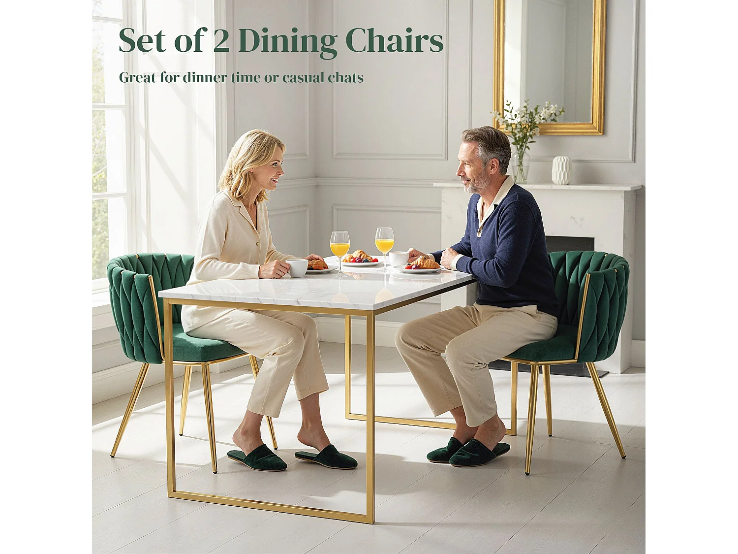 Sosura Set of 2 Dark Green Velvet Feel Dining Chairs with Woven Backrest