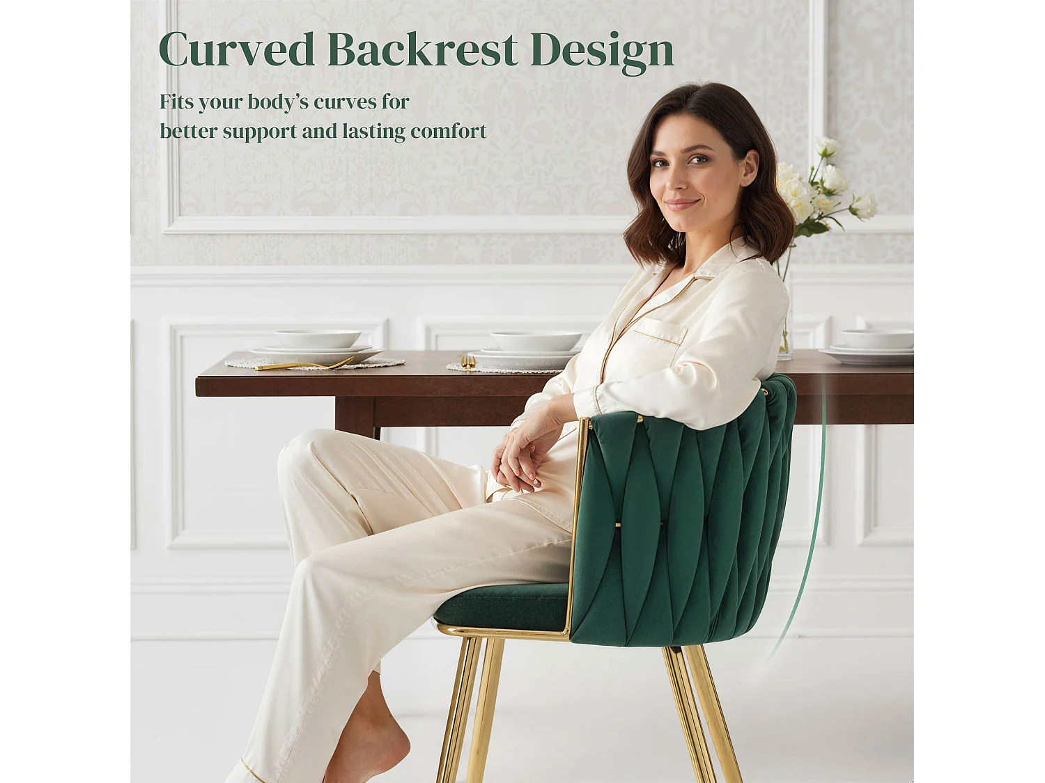 Sosura Set of 2 Dark Green Velvet Feel Dining Chairs with Woven Backrest