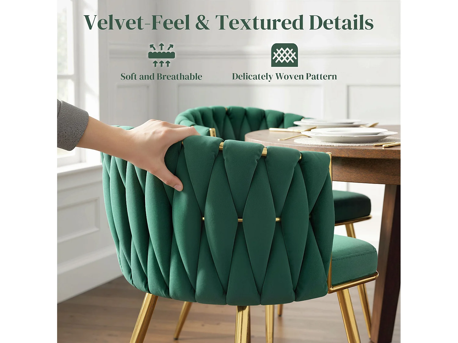 Sosura Set of 2 Dark Green Velvet Feel Dining Chairs with Woven Backrest