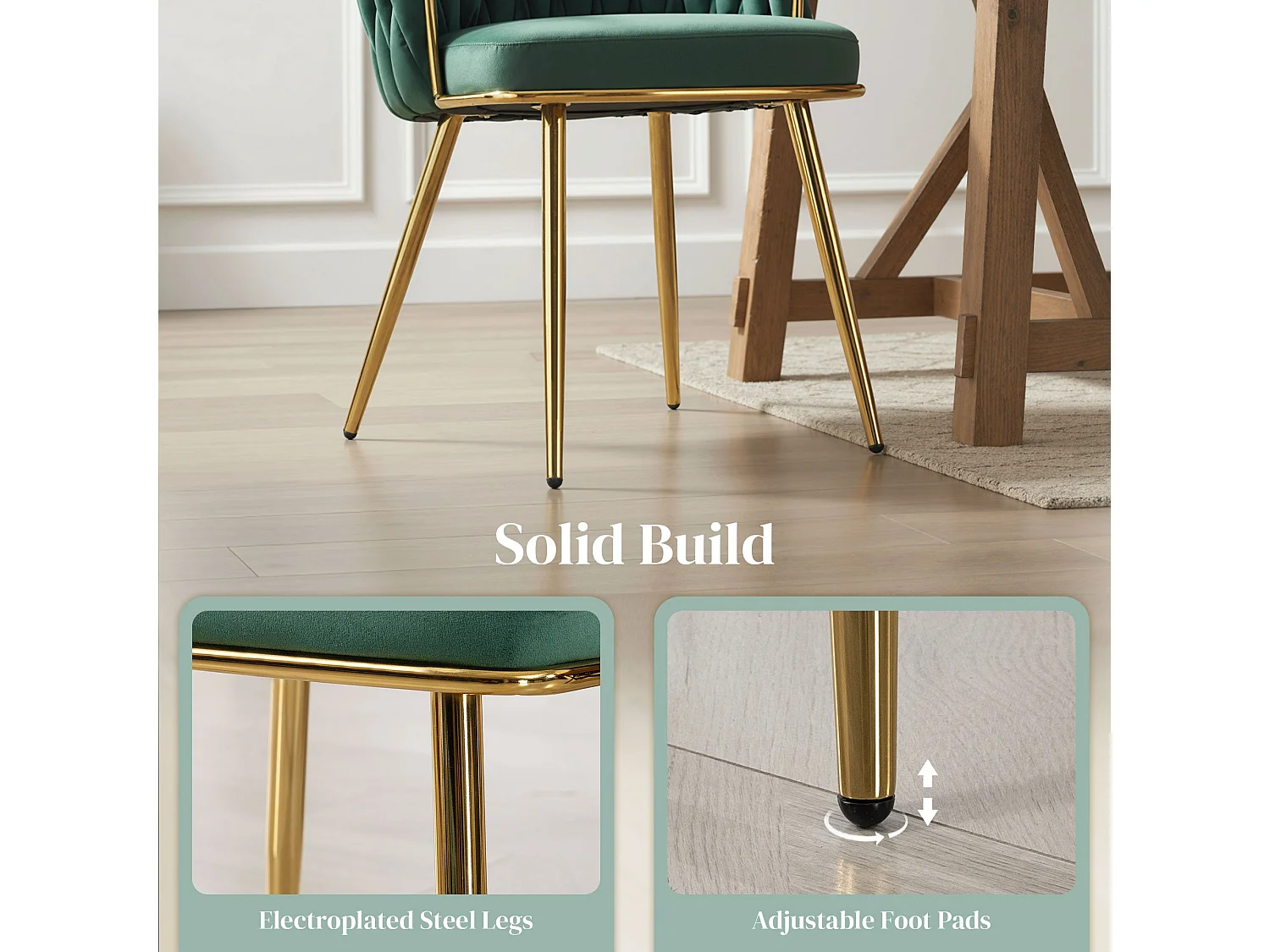 Sosura Set of 2 Dark Green Velvet Feel Dining Chairs with Woven Backrest