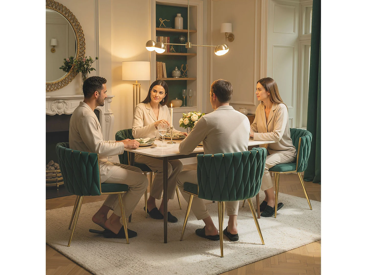 Sosura Set of 2 Dark Green Velvet Feel Dining Chairs with Woven Backrest