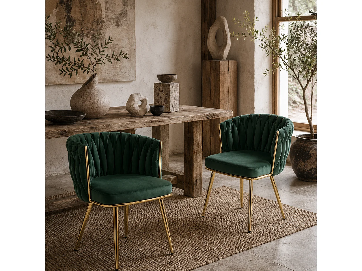 Sosura Set of 2 Dark Green Velvet Feel Dining Chairs with Woven Backrest