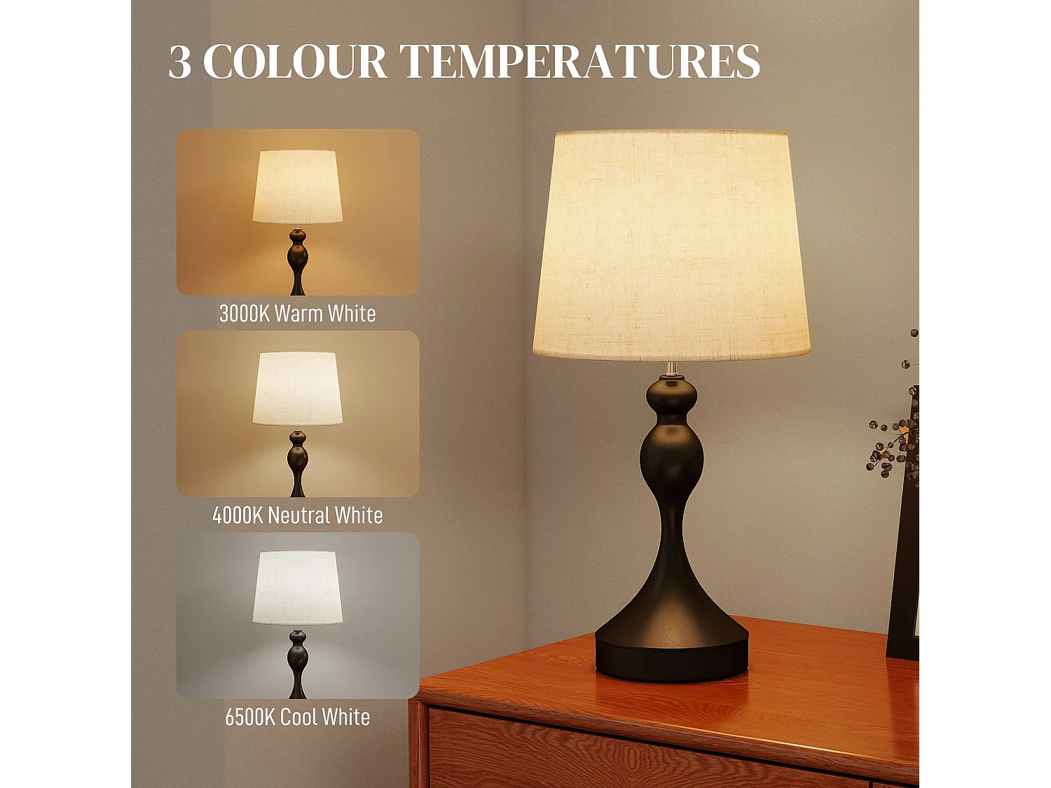 Loke Rata Set of 2 Touch Table Lamps Black Base Beige Linen Shade with USB A and USB C 3 Colour LED E27 800 lm