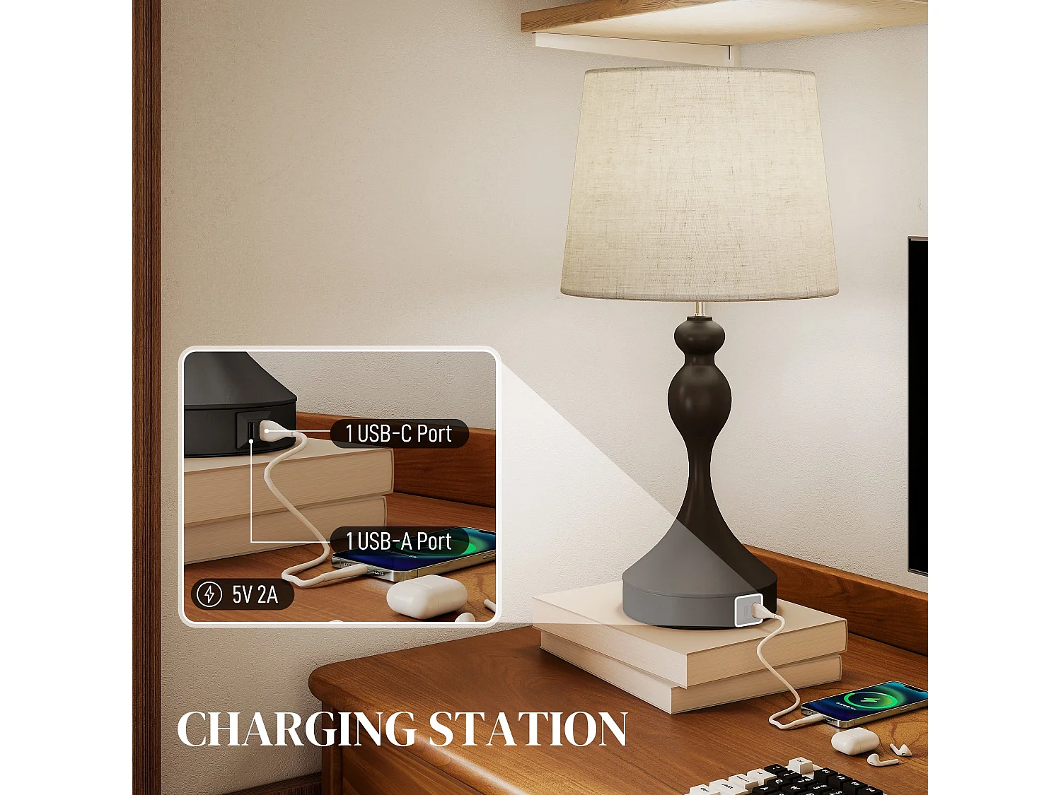 Loke Rata Set of 2 Touch Table Lamps Black Base Beige Linen Shade with USB A and USB C 3 Colour LED E27 800 lm
