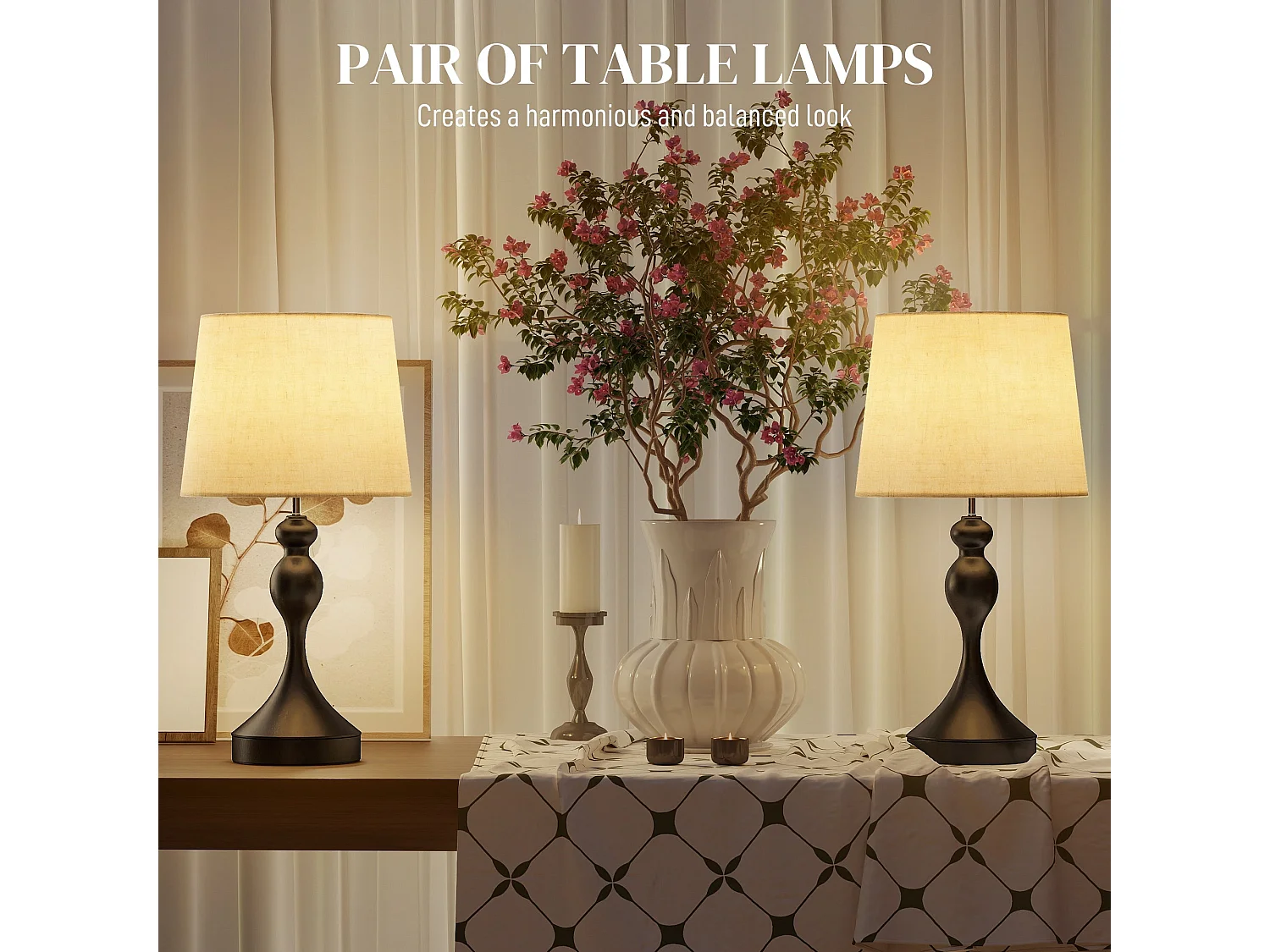 Loke Rata Set of 2 Touch Table Lamps Black Base Beige Linen Shade with USB A and USB C 3 Colour LED E27 800 lm
