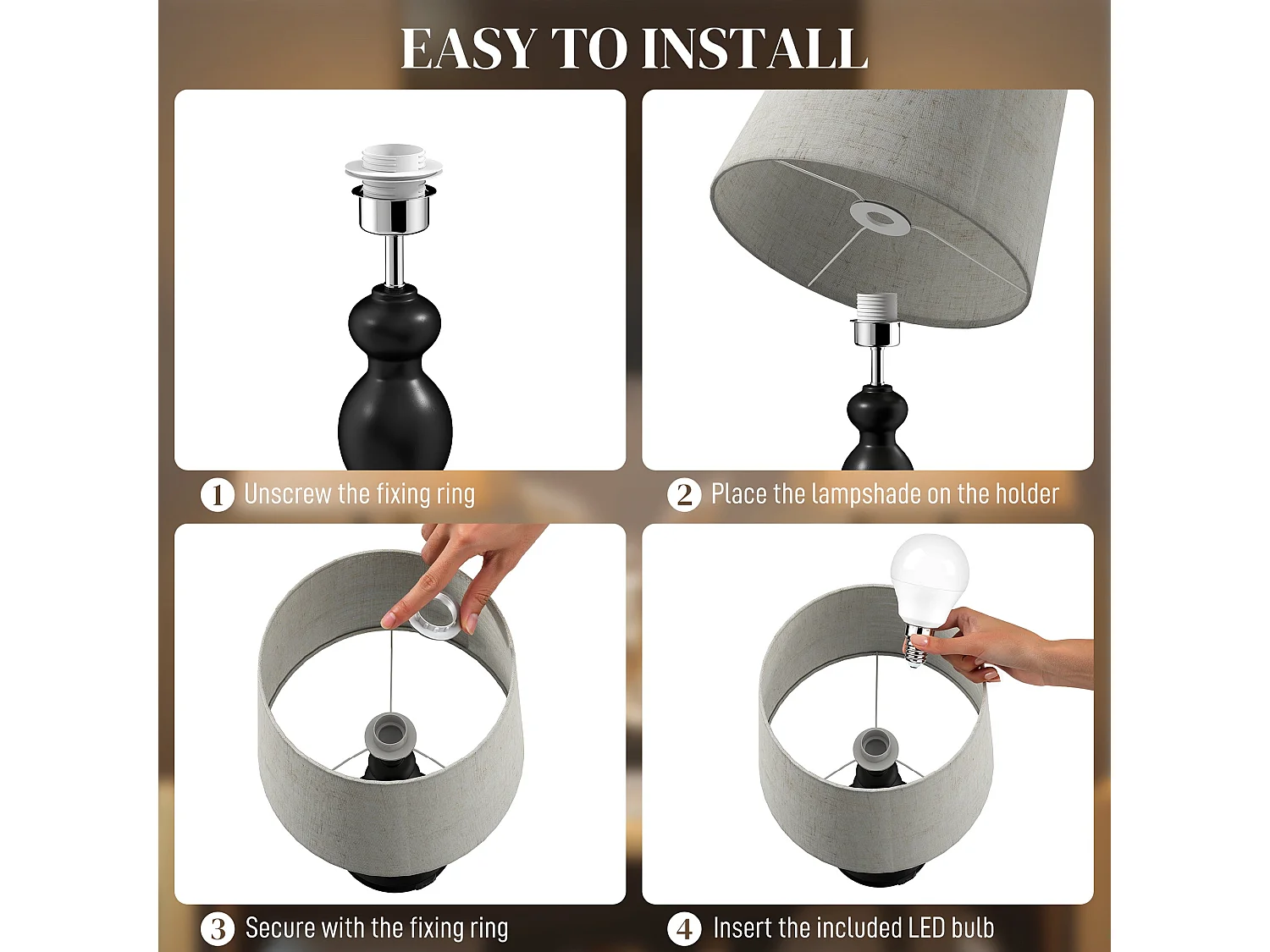 Loke Rata Set of 2 Touch Table Lamps Black Base Beige Linen Shade with USB A and USB C 3 Colour LED E27 800 lm