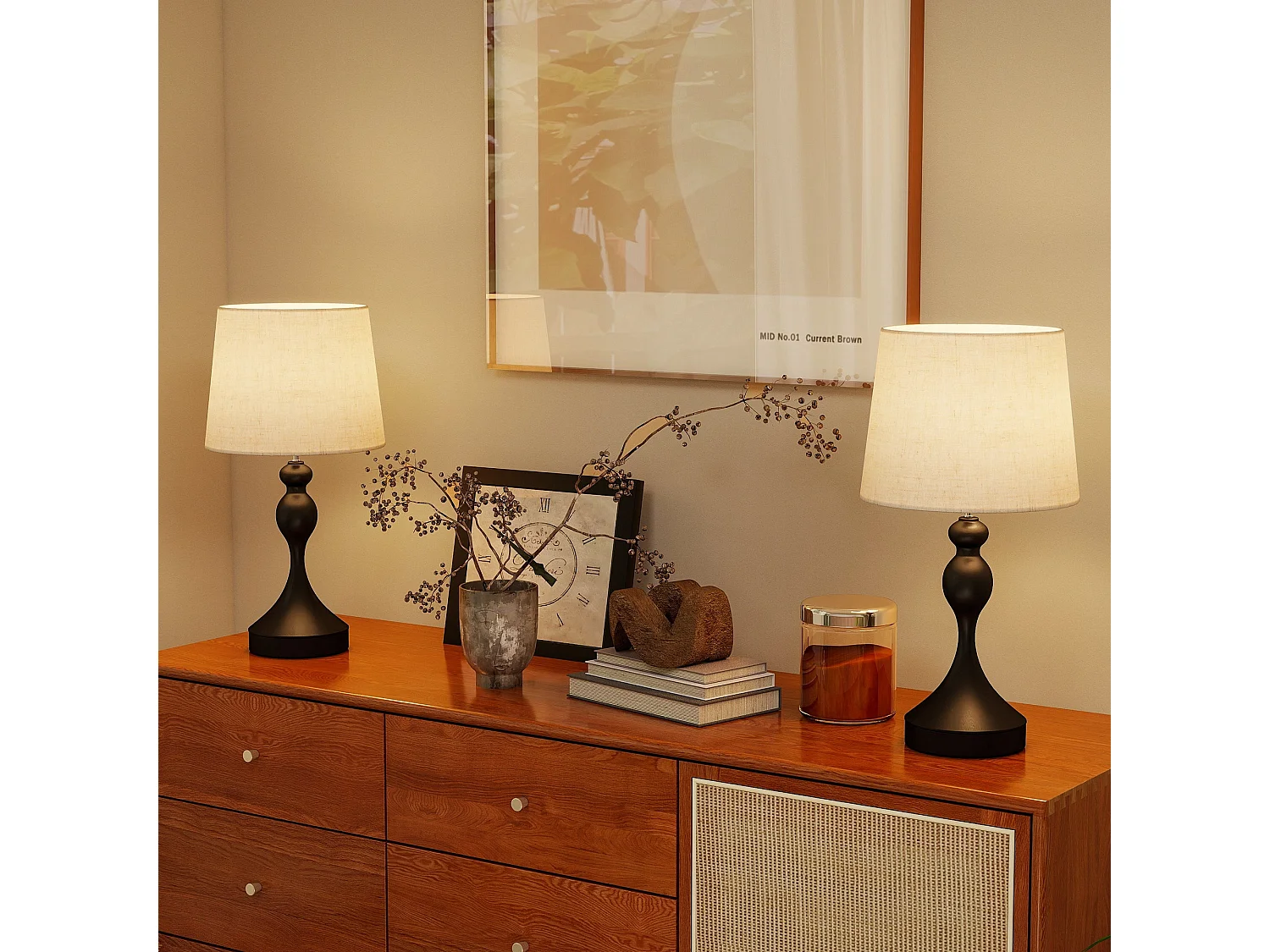 Loke Rata Set of 2 Touch Table Lamps Black Base Beige Linen Shade with USB A and USB C 3 Colour LED E27 800 lm