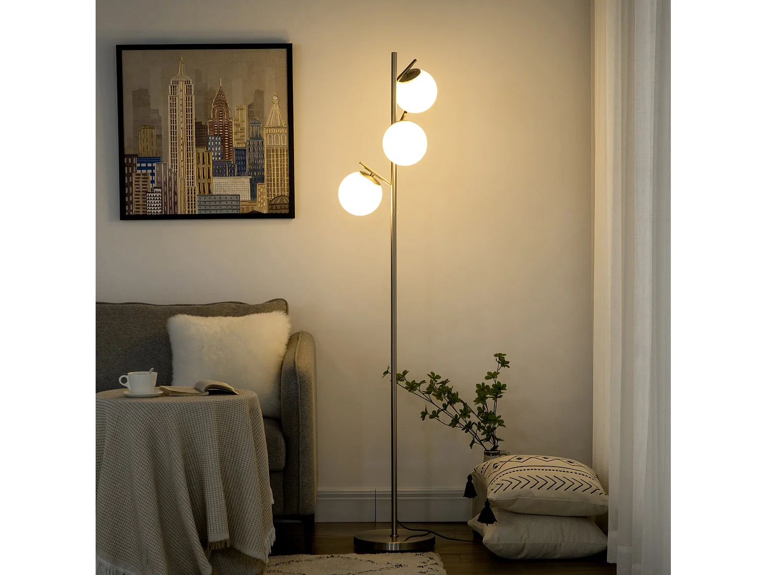 Moretta 3 Light Silver Tree Floor Lamp with Glass Globe Shades and Steel Base