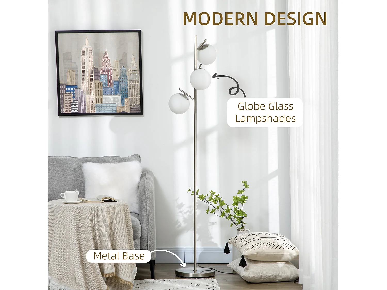 Moretta 3 Light Silver Tree Floor Lamp with Glass Globe Shades and Steel Base